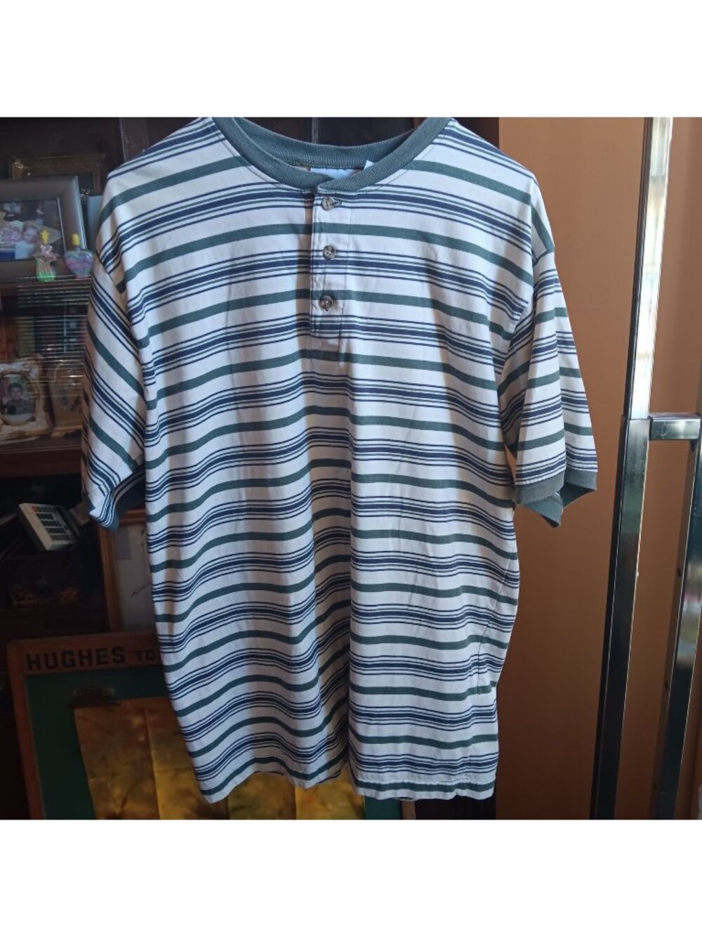 Vintage 1990's Large Grunge T-shirt Henley Willow Bay Gray/Green Stripe Indy